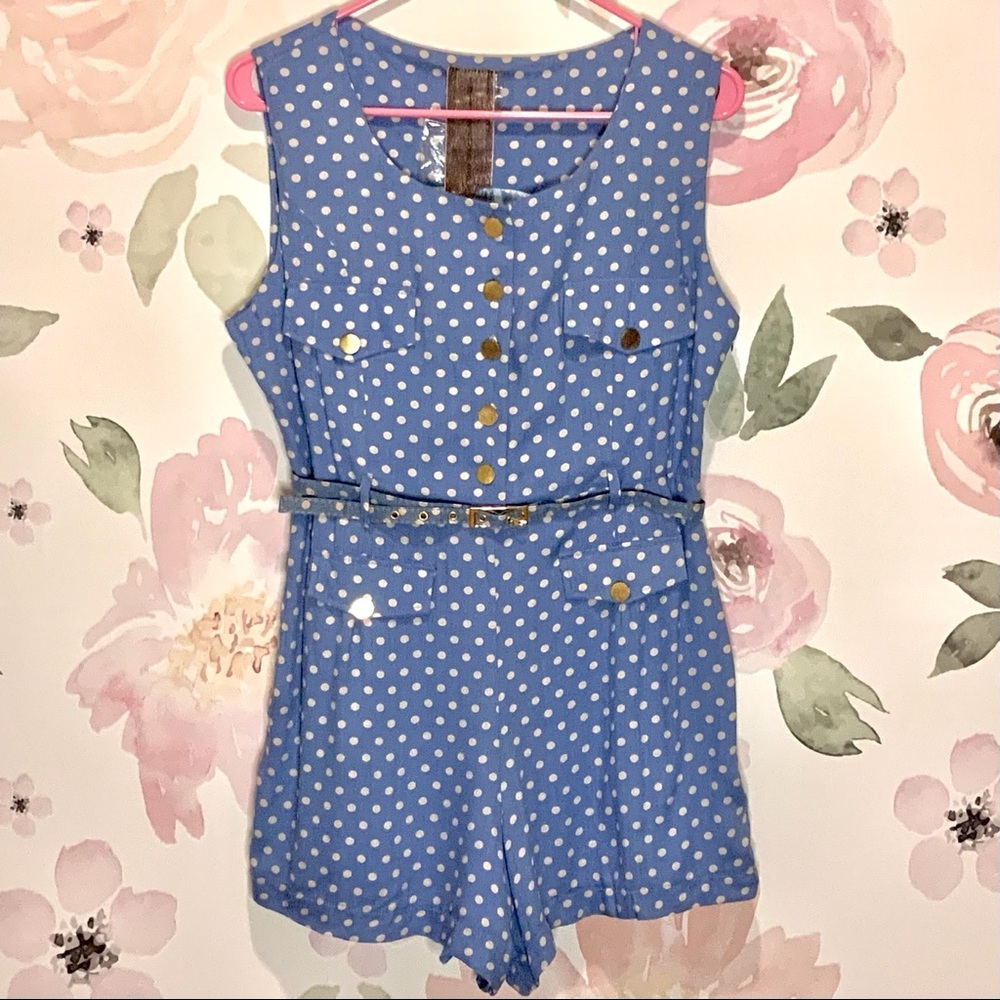 ModCloth Blue Romper Playsuit White Polka Dots L